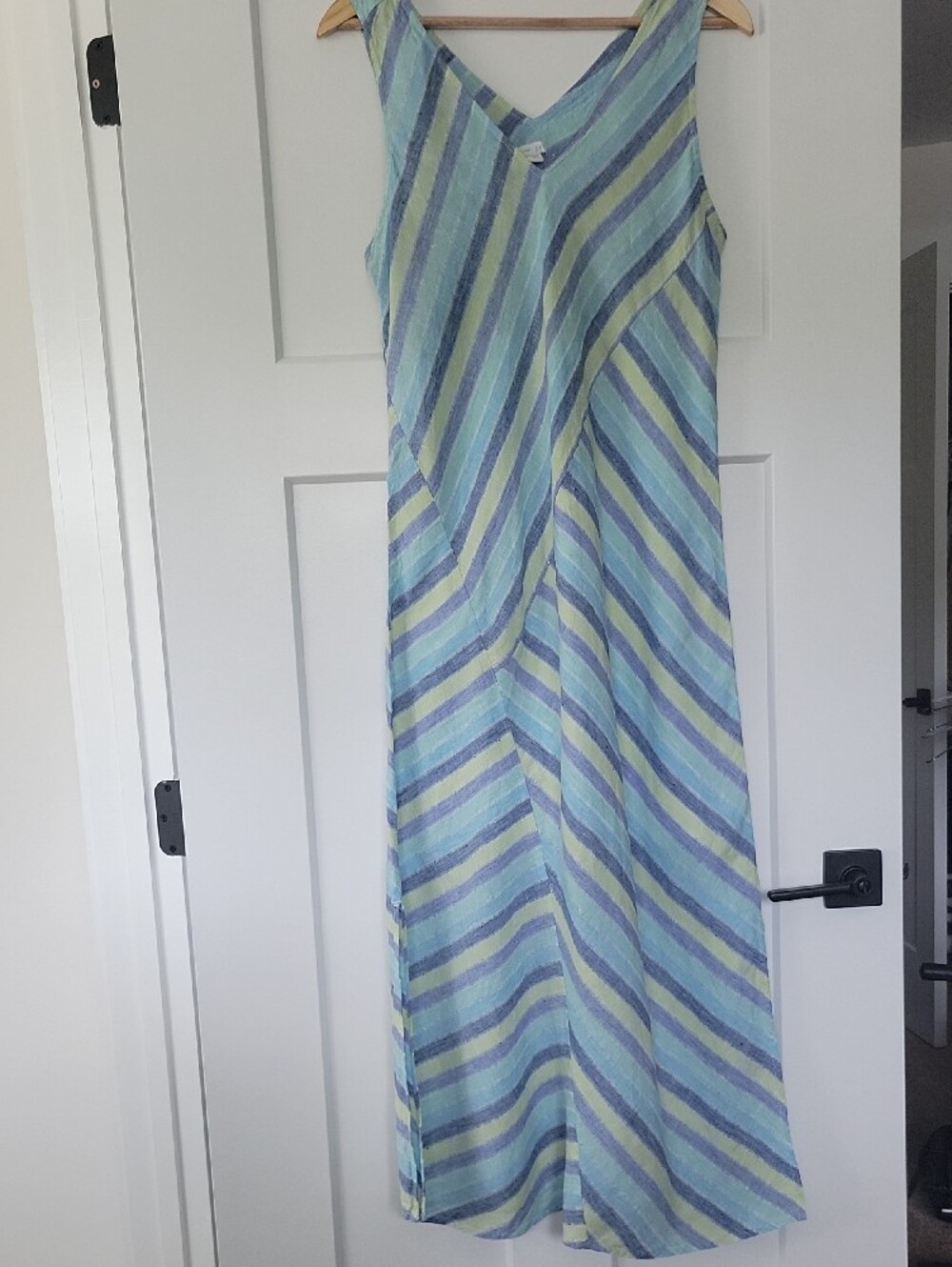 J. Jill Linen Blue and Lime Striped V‑Neck Maxi Dress - Picture 2 of 8